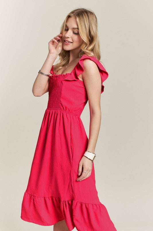 ADORA Smocked Square Neck Ruffled Cap Sleeve Dress