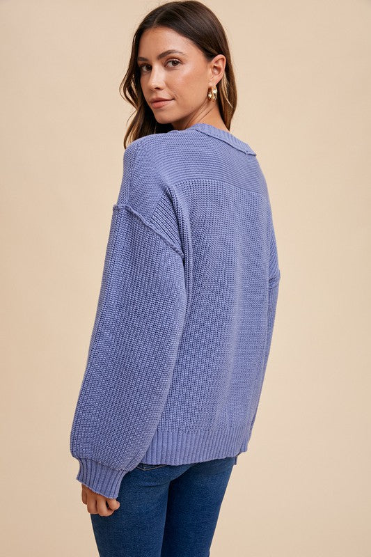 Annie Wear Half Button Ribbed Hem Sweater