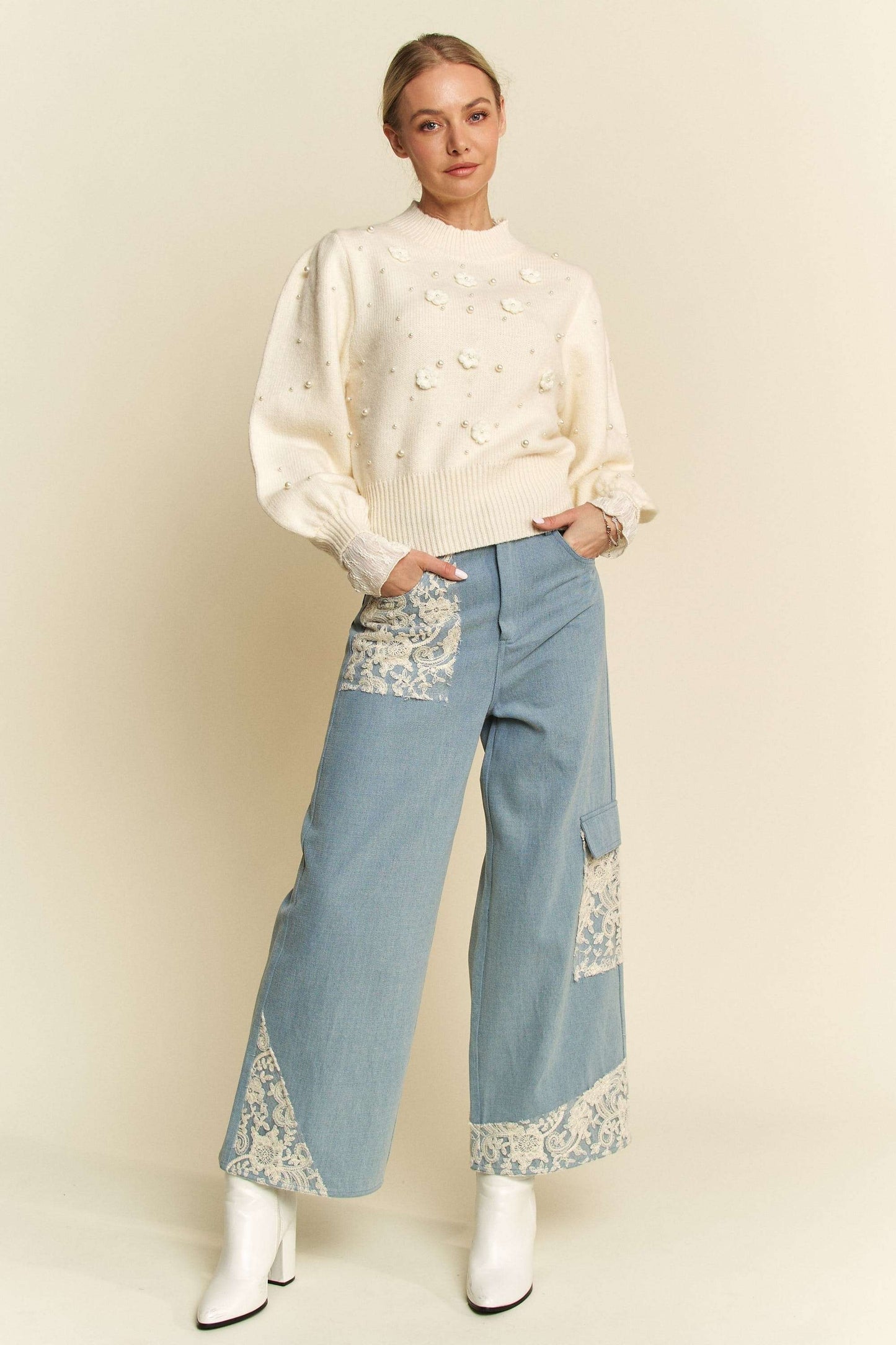 Davi & Dani Lace Applique Wide Leg Jeans