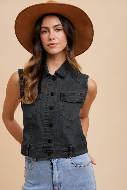 Annie Wear Collared Neck Button Down Denim Vest