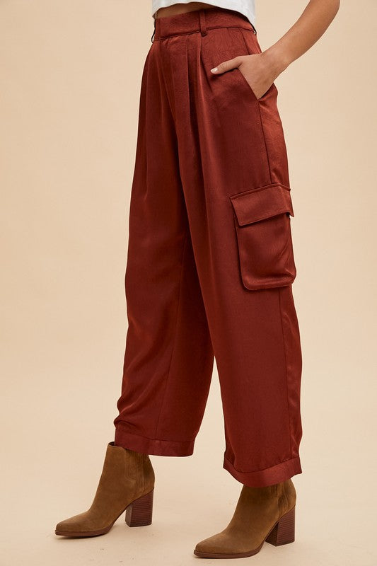 Annie Wear Wide Leg Cargo Satin Pants