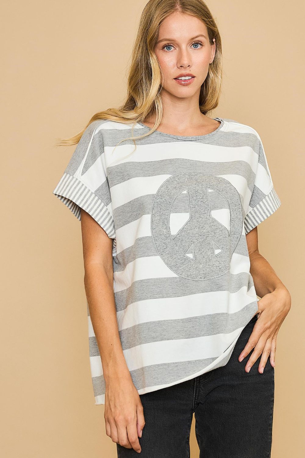 Umgee Peace Sign Patch Striped French Terry T-Shirt