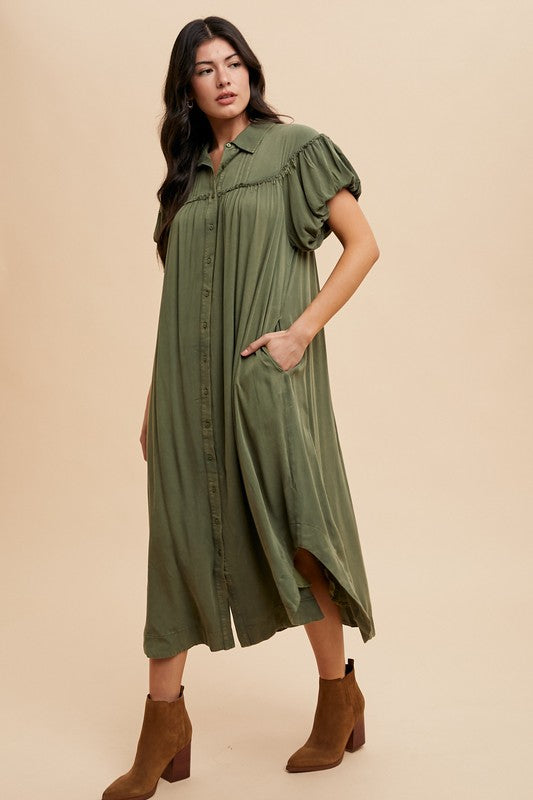 Annie Wear Mineral Washed Button Down Puff Sleeve Shirt Dress