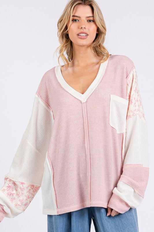 SAGE + FIG Floral Long Sleeve V-Neck Waffle Knit Top