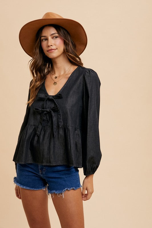 Annie Wear Tie Front Peplum Long Sleeve Denim Top