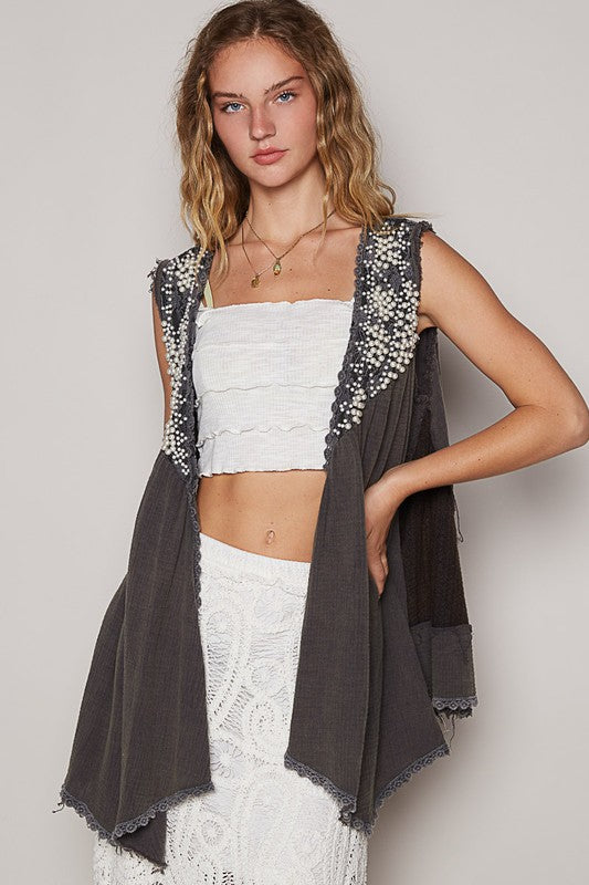 POL Embroidered Pearls Open Front Sleeveless Cardigan