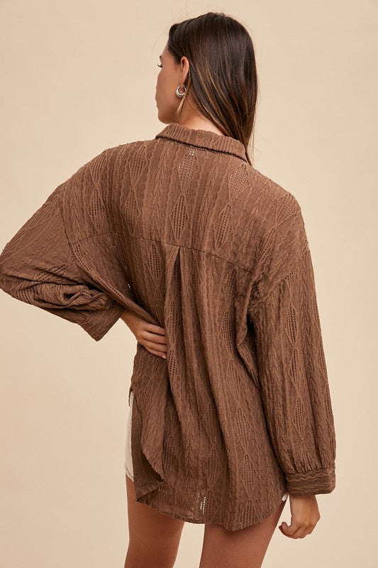 Annie Wear Openwork Button Down Drop Shoulder Shirt