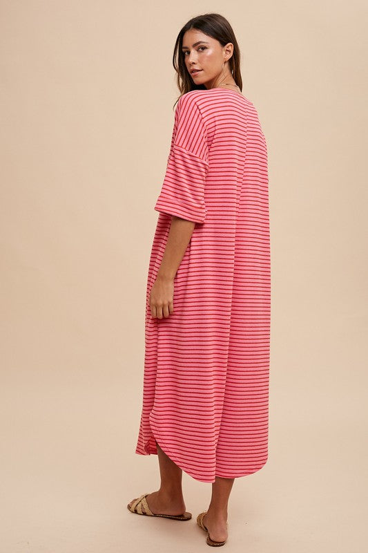 Annie Wear Striped Round Neck Terry Midi Dress