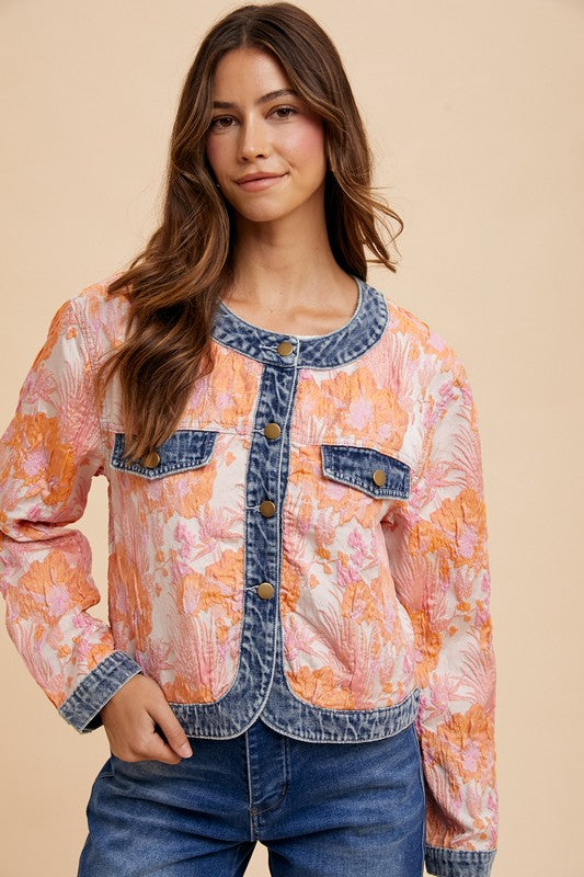 Annie Wear Floral Jacquard Denim Contrast Button Down Jacket