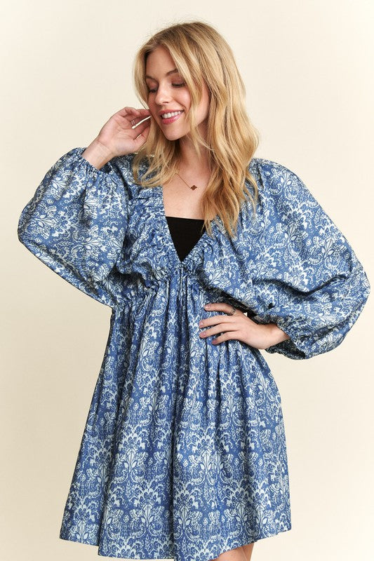 ADORA Printed V-Neck Batwing Sleeve Mini Dress