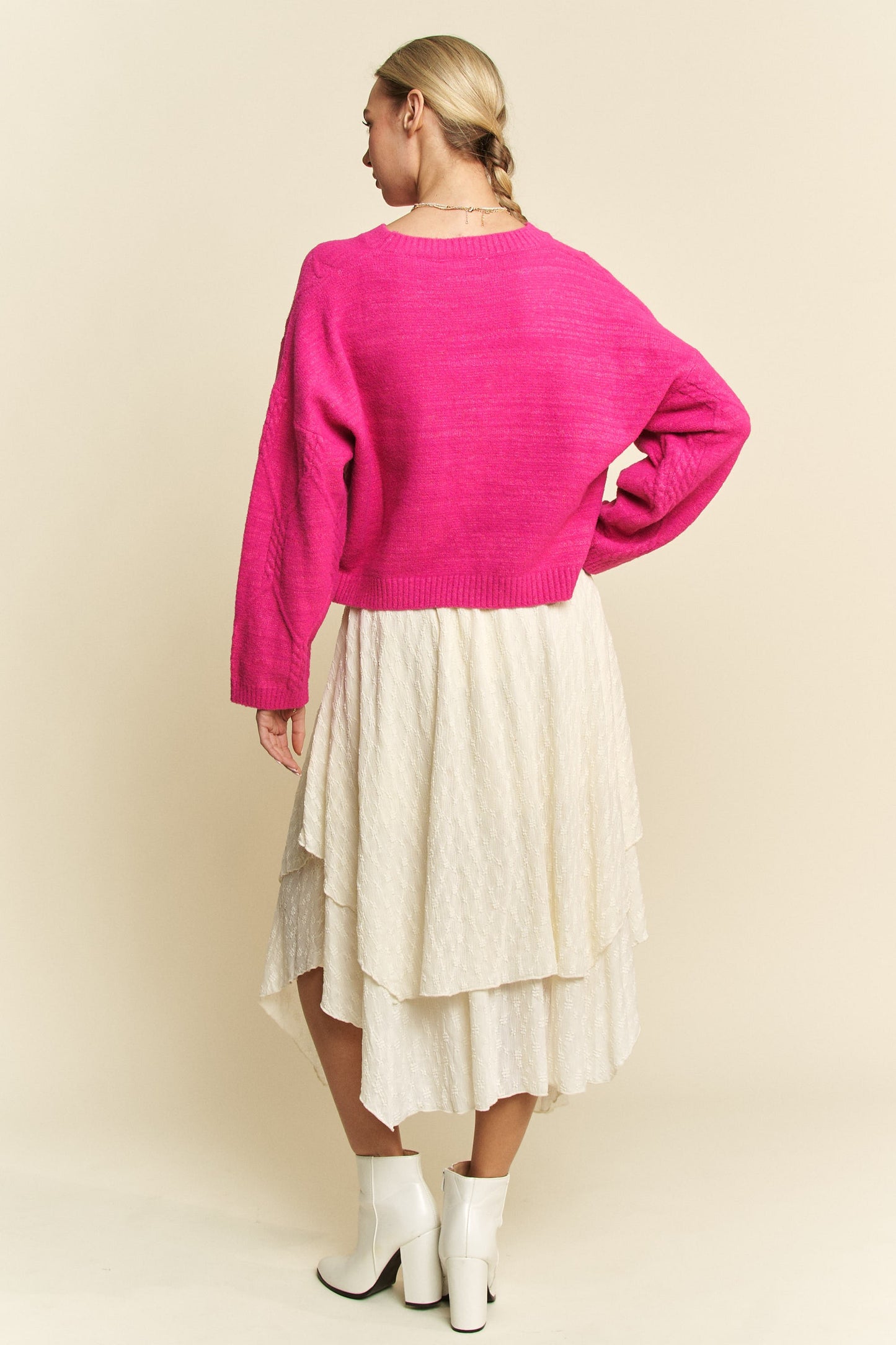 Davi & Dani Diamond Cable Pattern Drop Shoulder Sweater