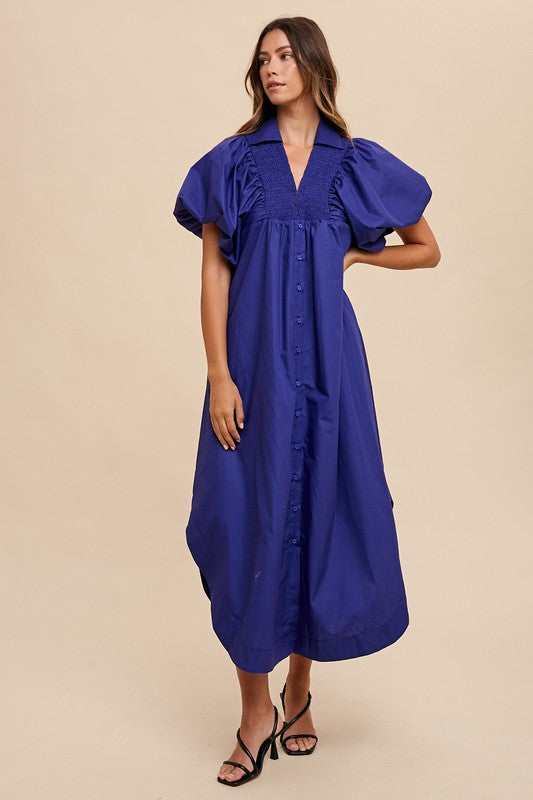 Annie Wear Smocked Puff Sleeve Midi Dress