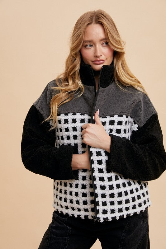 Annie Wear Plaid Zip Up Drop Shoulder Sherpa Jacket