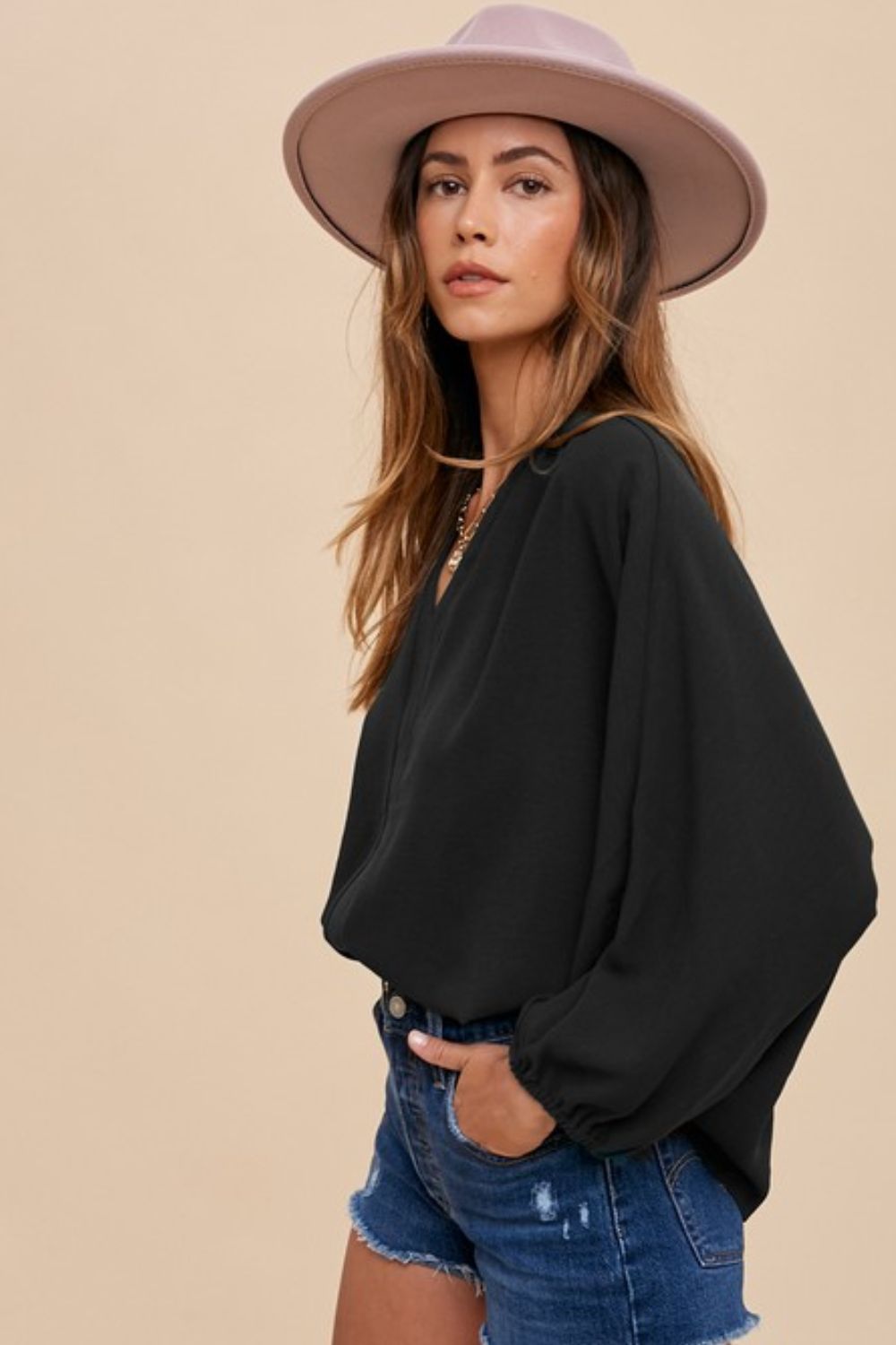 Annie Wear Notched Batwing Sleeve Blouse